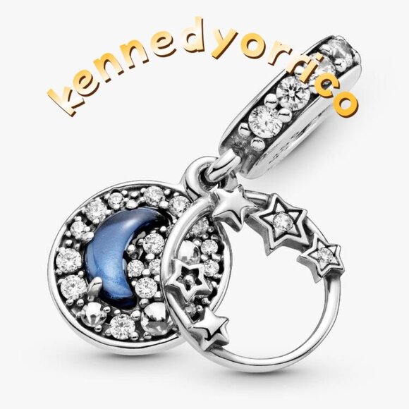 Pandora Blue Night Sky Crescent Moon & Stars Dangle Charm - Picture 2 of 4
